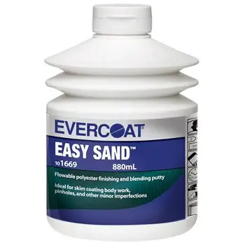 Silver automotive metal can, Q-Refinish polyester putty, blue and black horizontal label, white background, studio photography