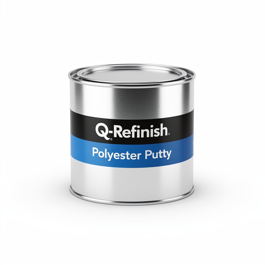 Silver automotive metal can, Q-Refinish polyester putty, blue and black horizontal label, white background, studio photography