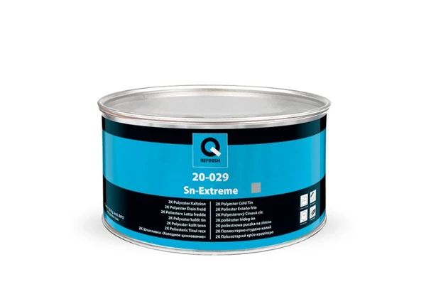 Silver automotive metal can, Q-Refinish polyester putty, blue and black horizontal label, white background, studio photography