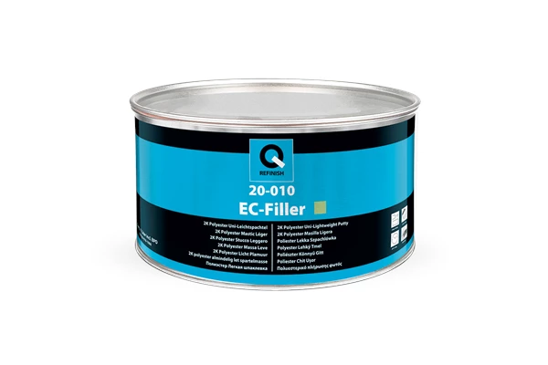 Silver automotive metal can, Q-Refinish polyester putty, blue and black horizontal label, white background, studio photography