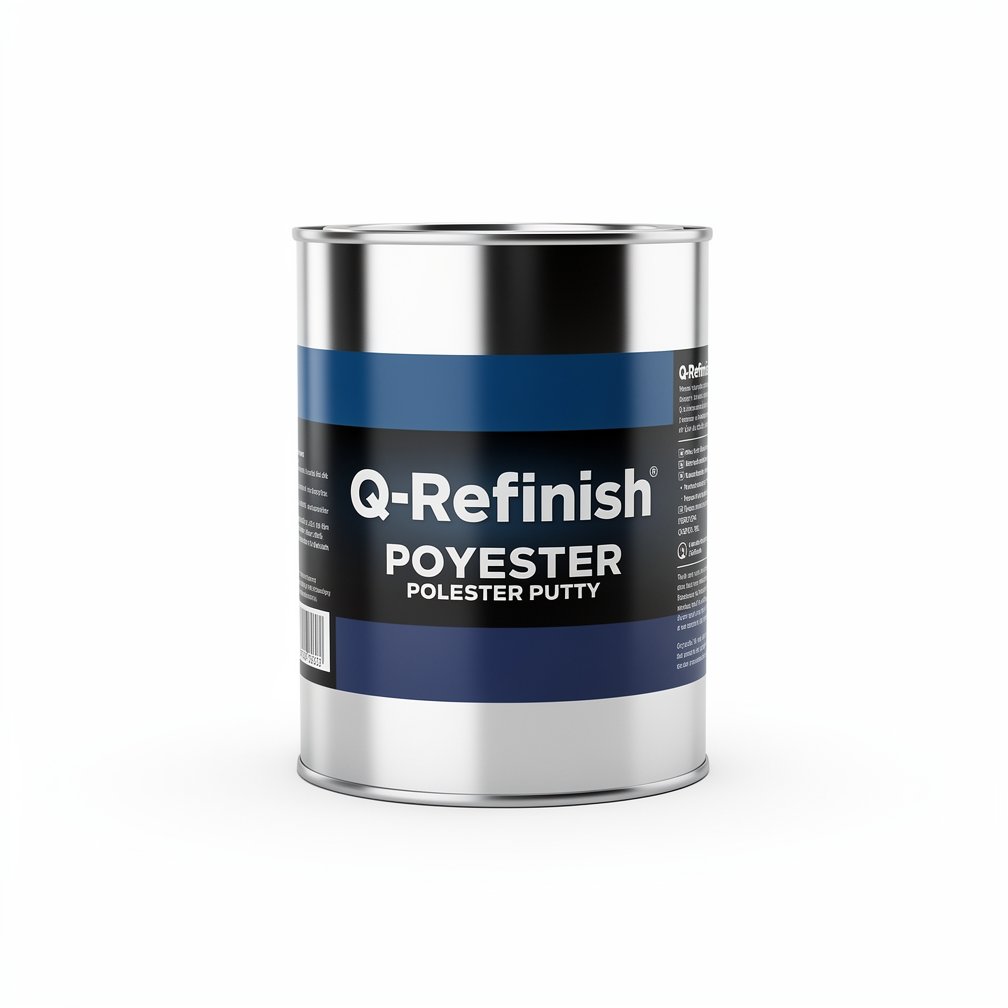 Silver automotive metal can, Q-Refinish polyester putty, blue and black horizontal label, white background, studio photography