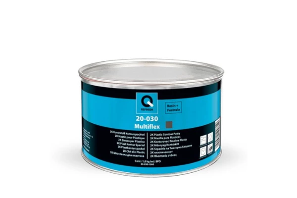 Silver automotive metal can, Q-Refinish polyester putty, blue and black horizontal label, white background, studio photography