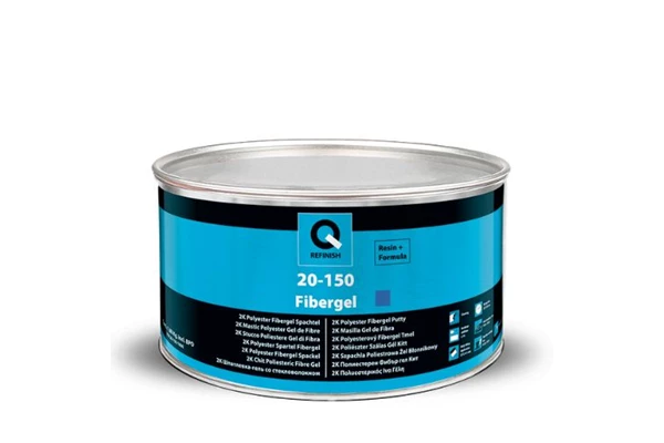 Silver automotive metal can, Q-Refinish polyester putty, blue and black horizontal label, white background, studio photography