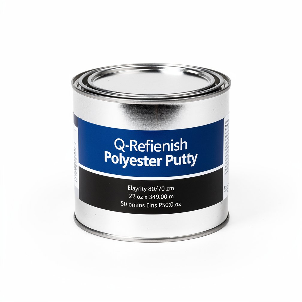Silver automotive metal can, Q-Refinish polyester putty, blue and black horizontal label, white background, studio photography
