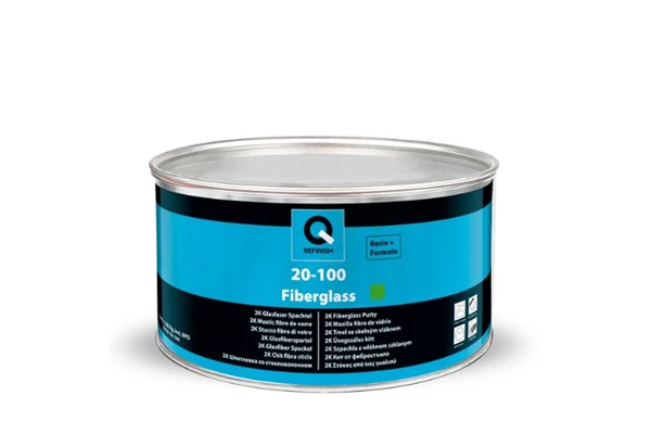Silver automotive metal can, Q-Refinish polyester putty, blue and black horizontal label, white background, studio photography