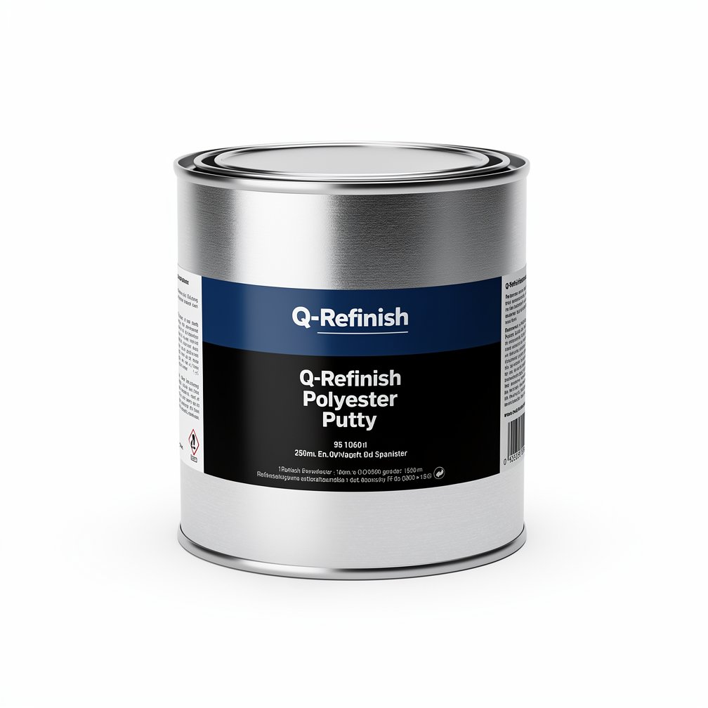 Silver automotive metal can, Q-Refinish polyester putty, blue and black horizontal label, white background, studio photography