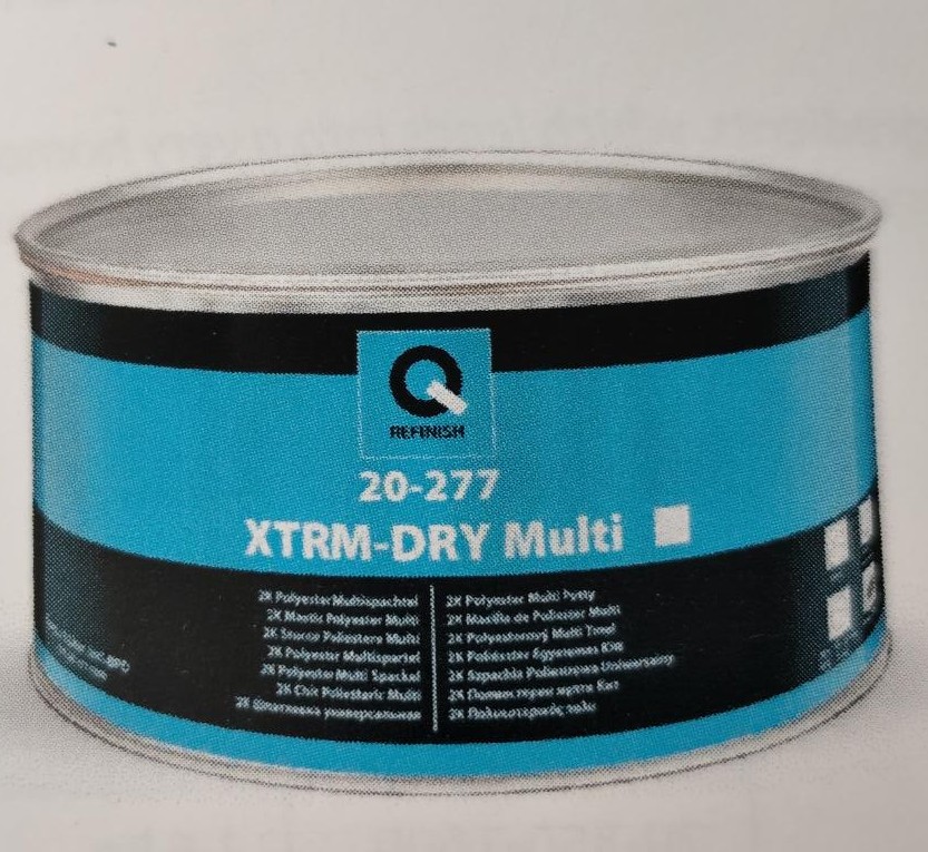 Silver automotive metal can, Q-Refinish polyester putty, blue and black horizontal label, white background, studio photography