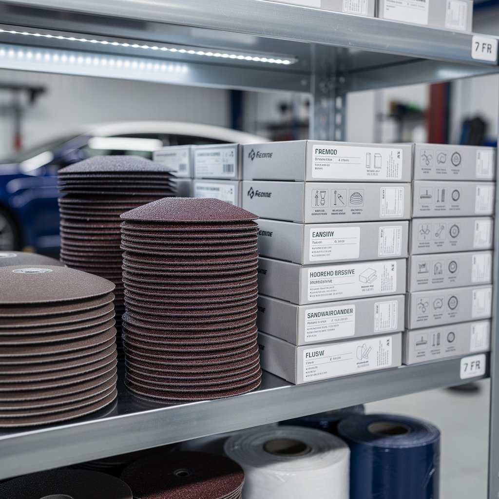 Sanding discs and sandpaper for cars, professional abrasive materials, organized workshop shelf