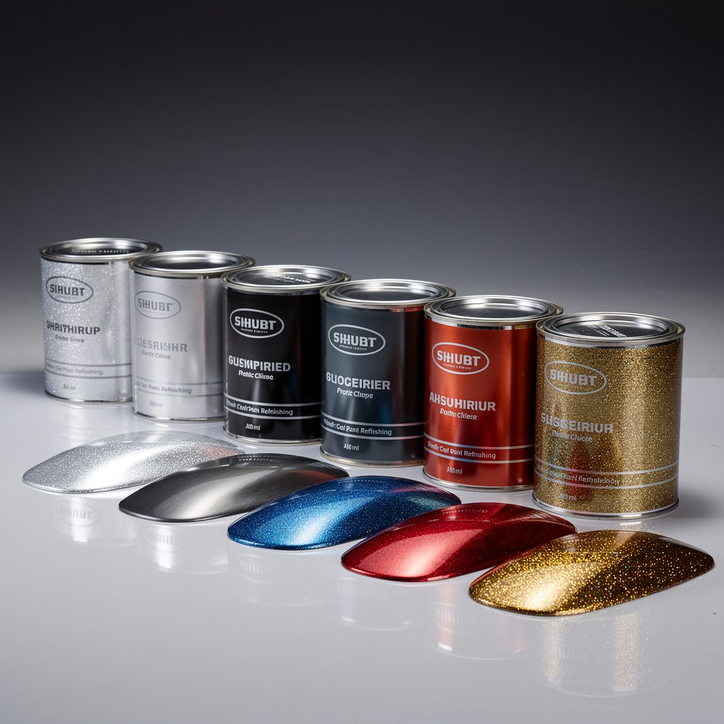 Professional automotive paint cans, metallic colors, high quality, studio lighting, organized display