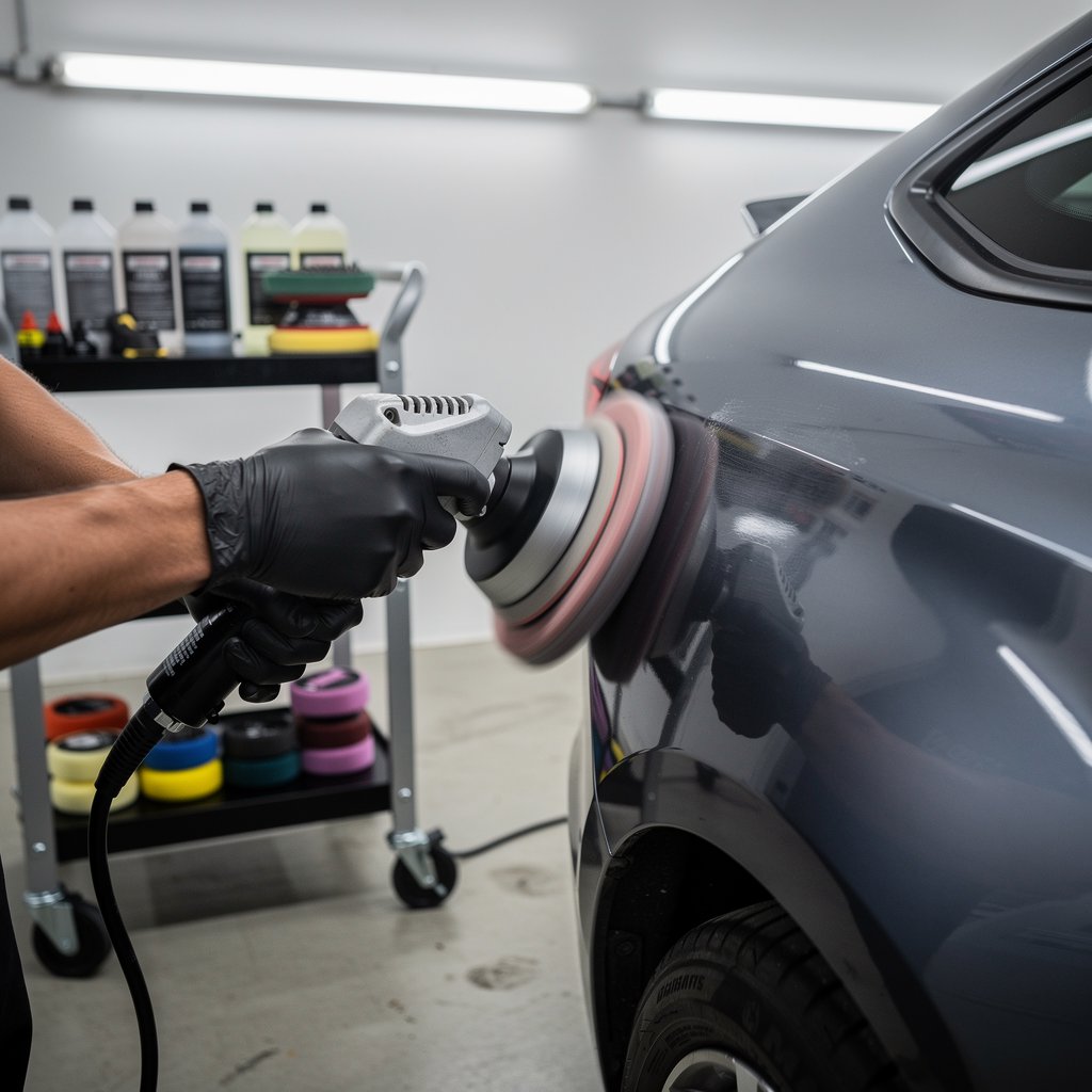 Car polishing machine, professional compounds and pads, glossy car surface, detailing process