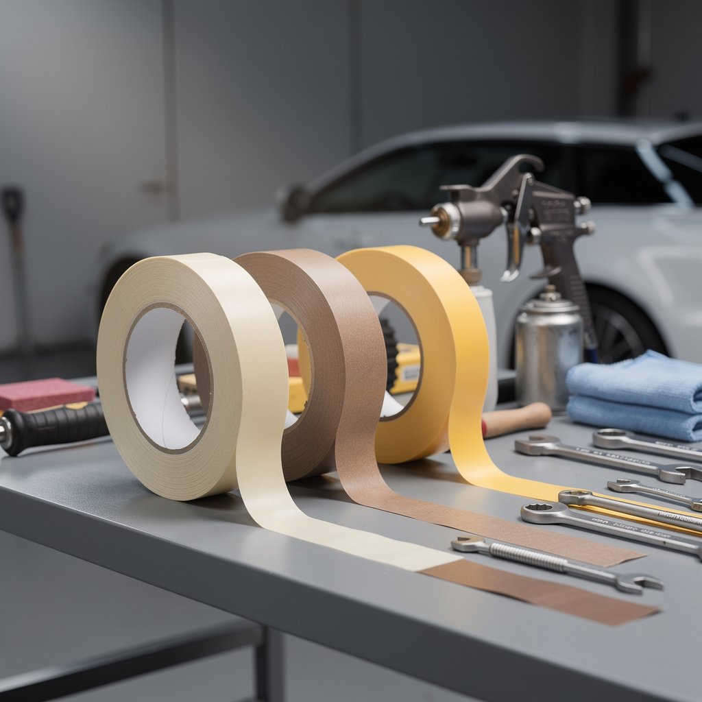 Professional masking tapes for car painting, different widths, automotive workshop tools