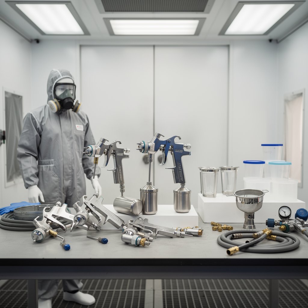 Automotive spray guns and protective gear, professional painting equipment, spray booth gear