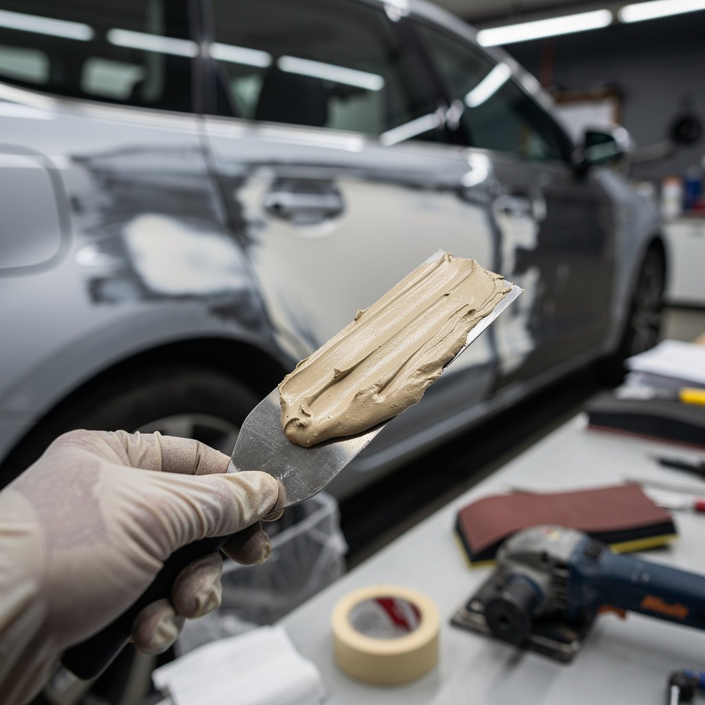 Automotive body filler, putty on a spatula, car body repair process, professional tools