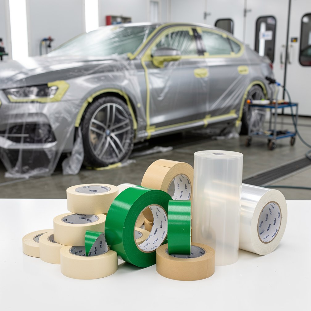 Professional masking tapes and films for car painting, protective materials for automotive workshop